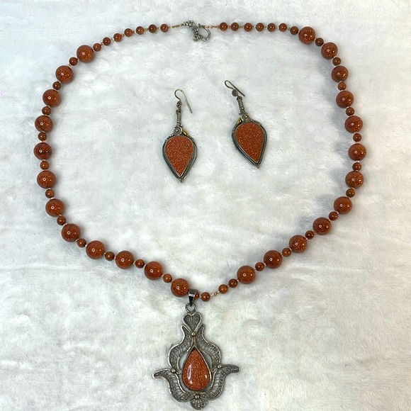 Goldstone necklace and dangle earring set. - Picture 1 of 7